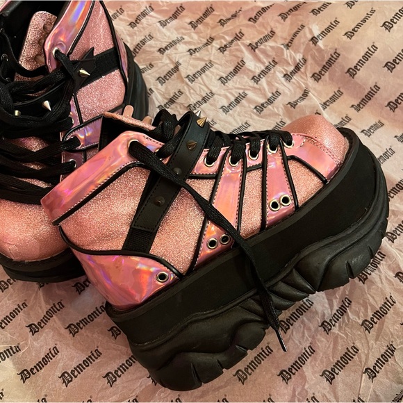 NIB Demonia Neptune 100 Pink Black Iridescent Sparkly Platform Alt Rave Shoes - Picture 5 of 8